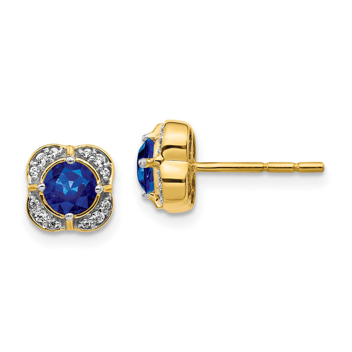 14K Solid Yellow Gold Diamond Blue Sapphire Stud Earrings Gemstone Post Push Back September Birthstone Jewelry