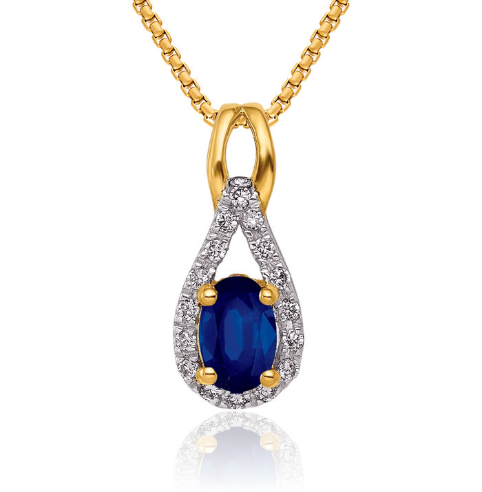 14K Solid Yellow Gold Diamond Blue Sapphire Teardrop Halo Round Necklace Gemstone Pendant Charm