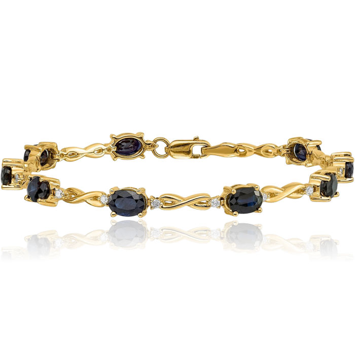 14K Solid Yellow Gold Diamond Blue Sapphire Chain Gemstone Tennis Bracelet