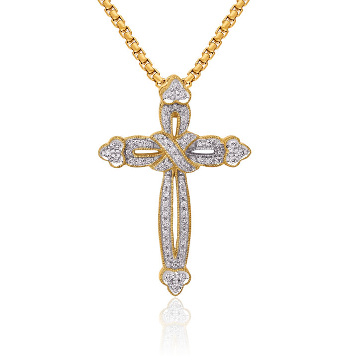 14K Solid Yellow Gold Diamond Budded Holy Cross Floating Chain Slide Pendant Necklace Religious Jesus Christ Christian Charm