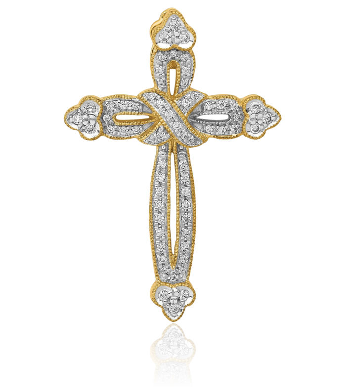 14K Solid Yellow Gold Diamond Budded Holy Cross Floating Chain Slide Pendant Necklace Religious Jesus Christ Christian Charm