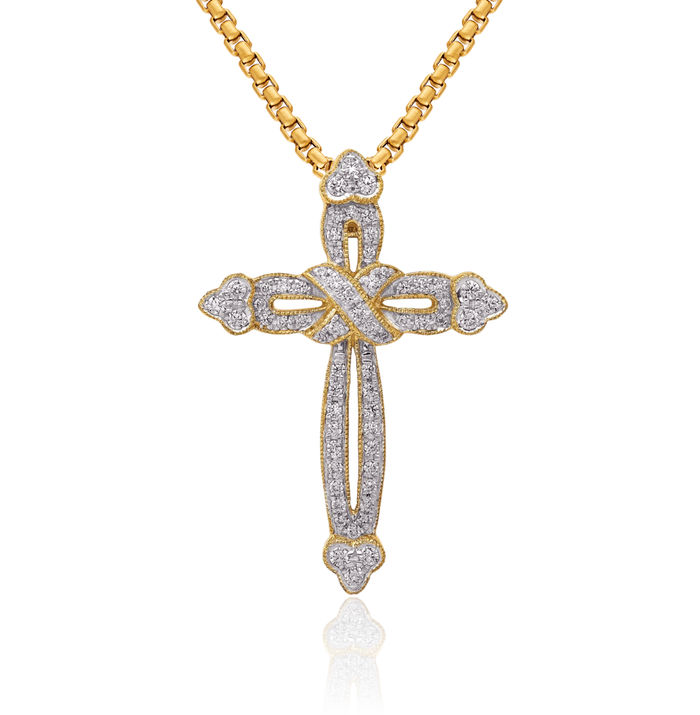 14K Solid Yellow Gold Diamond Budded Holy Cross Floating Chain Slide Pendant Necklace Religious Jesus Christ Christian Charm