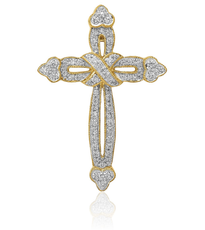 14K Solid Yellow Gold Diamond Budded Holy Cross Floating Chain Slide Pendant Necklace Religious Jesus Christ Christian Charm