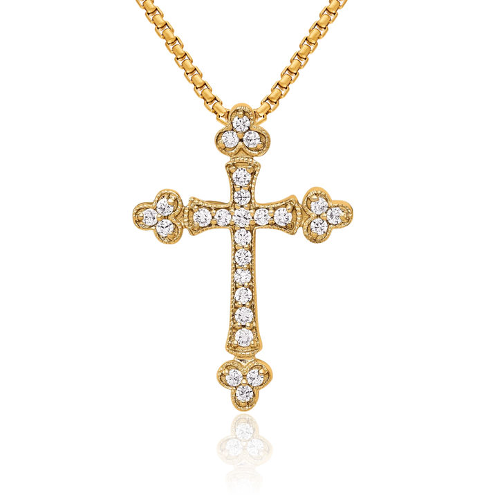 14K Solid Yellow Gold Diamond Budded Holy Cross Floating Chain Slide Pendant Necklace Religious Jesus Christ Christian Charm