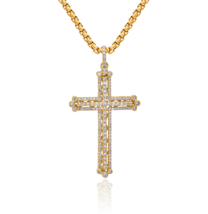 14K Solid Yellow Gold Diamond Budded Holy Cross Necklace Religious Chain Pendant Jesus Christ Christian Charm