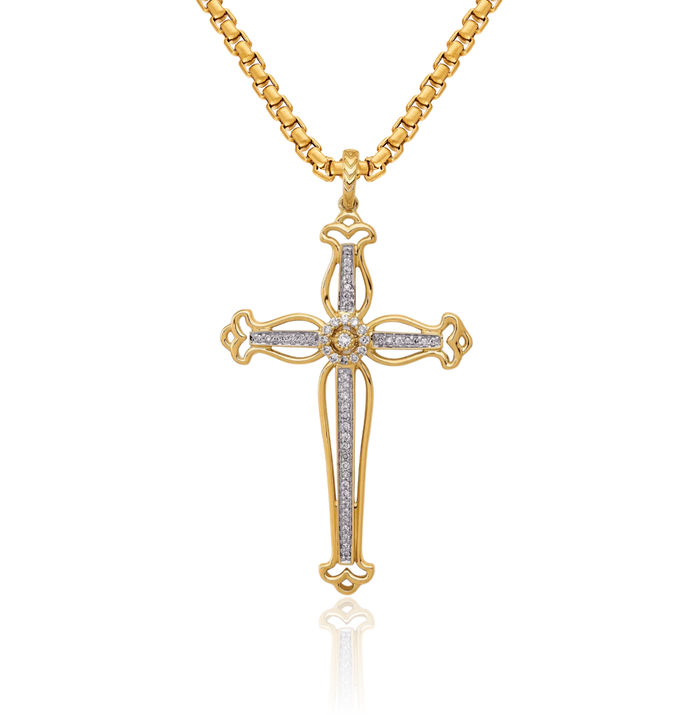 14K Solid Yellow Gold Diamond Budded Holy Cross Necklace Religious Chain Pendant Jesus Christ Christian Charm