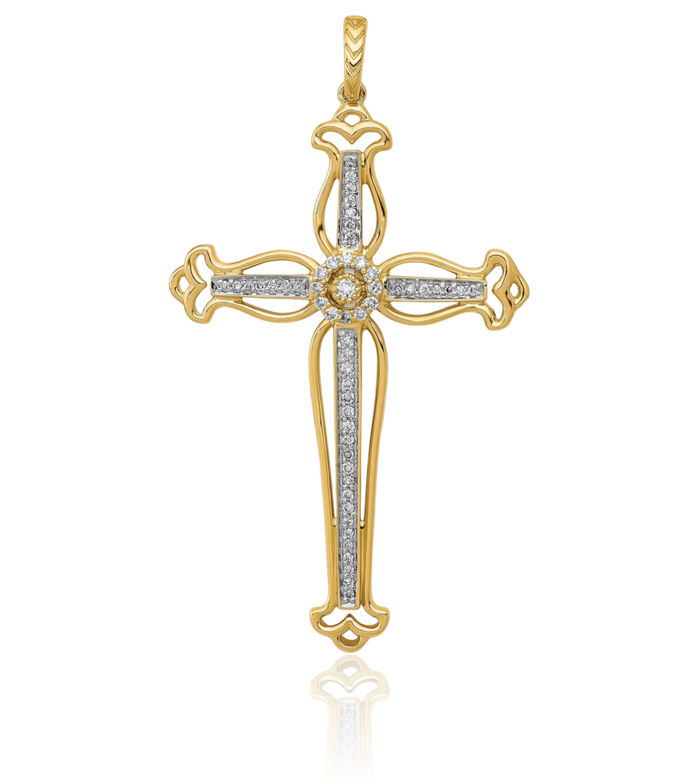 14K Solid Yellow Gold Diamond Budded Holy Cross Necklace Religious Chain Pendant Jesus Christ Christian Charm