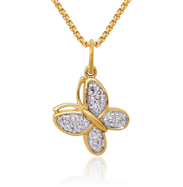 14K Solid Yellow Gold Diamond Butterfly Wings Necklace Chain Pendant Charm