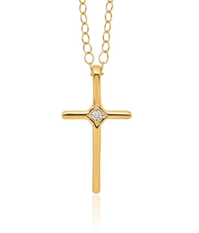 14K Solid Yellow Gold Diamond Cross Chain Necklace