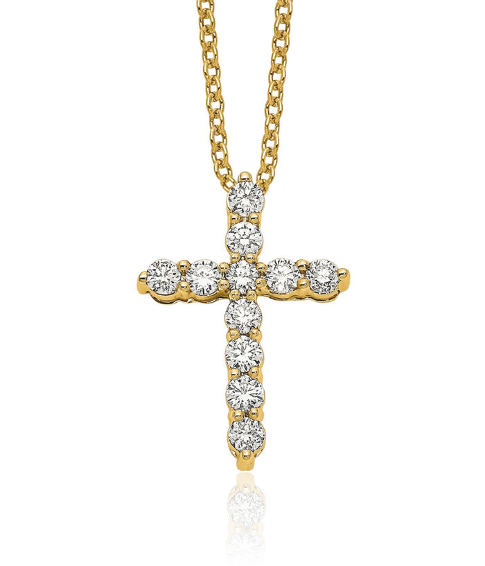 14K Solid Yellow Gold Diamond Holy Cross Necklace Chain