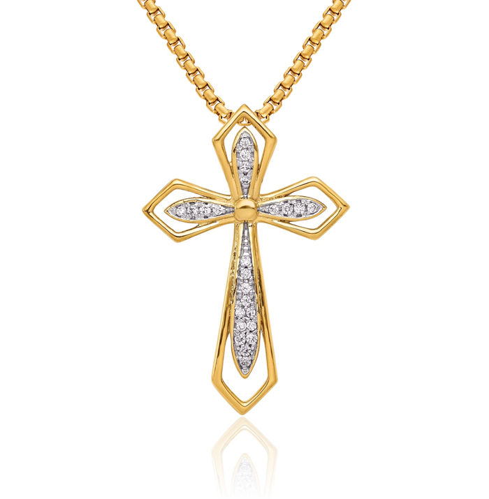 14K Solid Yellow Gold Diamond Holy Cross Floating Chain Slide Pendant Necklace Religious Jesus Christ Charm