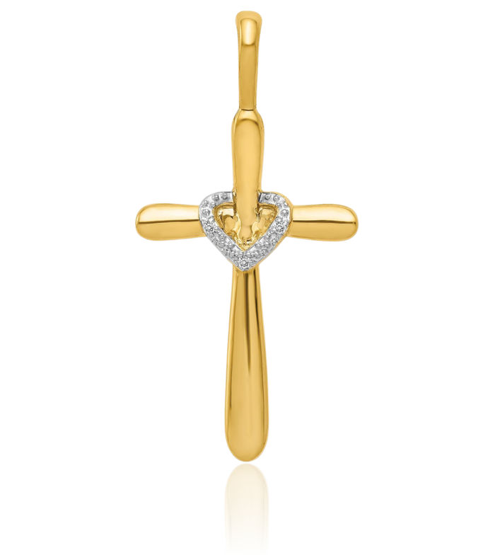 14K Solid Yellow Gold Diamond Holy Cross Heart Necklace Religious Chain Pendant Jesus Christ Charm