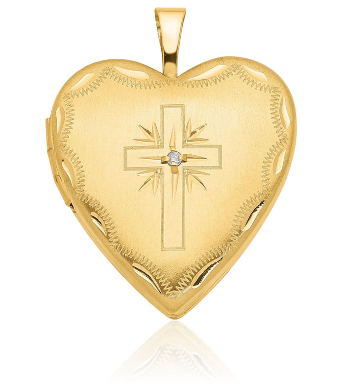 14K Solid Yellow Gold Diamond Holy Cross Heart Personalized Photo Locket Necklace Religious Chain Pendant Jesus Christ Charm