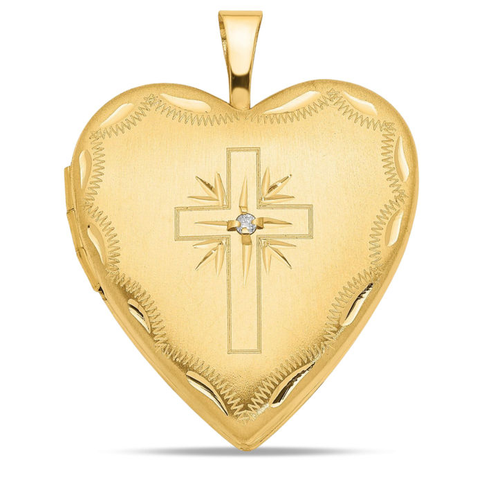 14K Solid Yellow Gold Diamond Holy Cross Heart Personalized Photo Locket Necklace Religious Chain Pendant Jesus Christ Charm