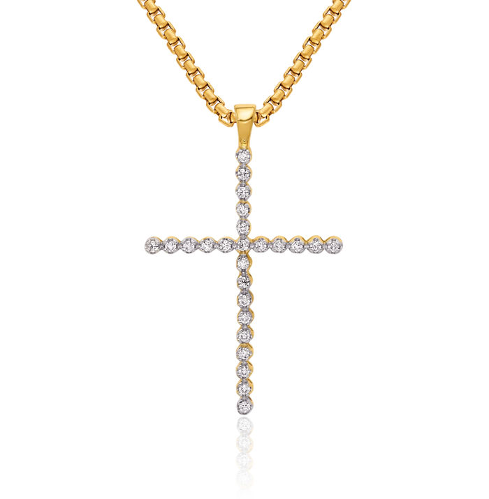 14K Solid Yellow Gold Diamond Latin Mexican Holy Cross Necklace Religious Chain Pendant Jesus Christ Charm