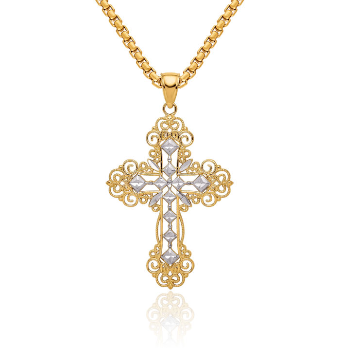 14K Solid Yellow Gold Diamond Holy Cross Necklace Religious Chain Pendant Jesus Christ Charm