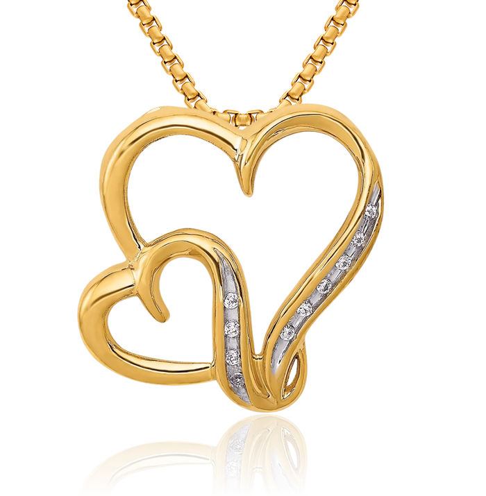 14K Solid Yellow Gold Diamond Double Heart Floating Chain Slide Pendant Necklace Charm