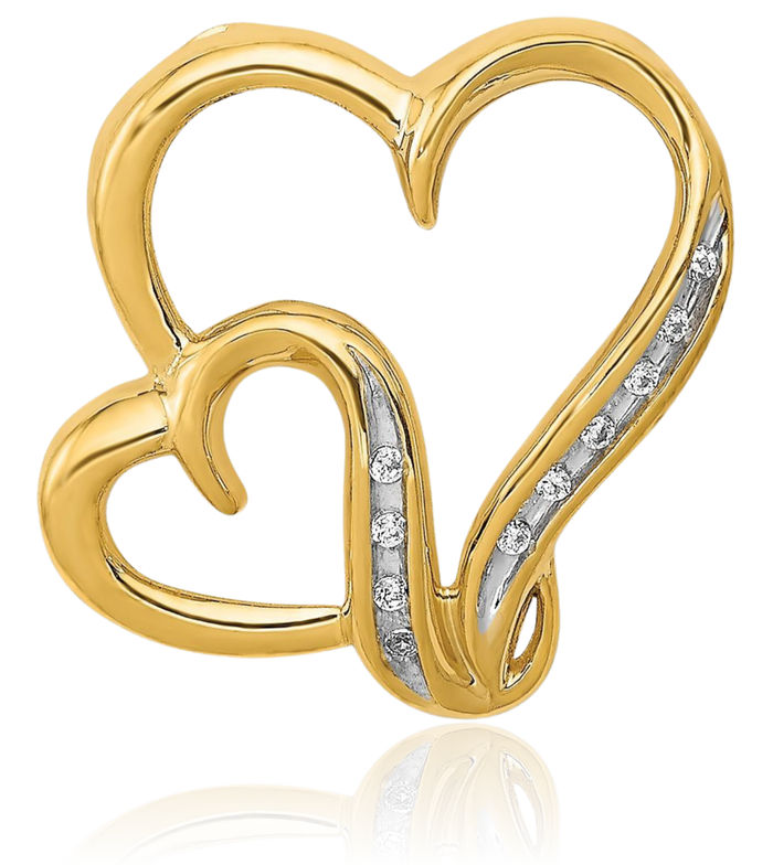 14K Solid Yellow Gold Diamond Double Heart Floating Chain Slide Pendant Necklace Charm