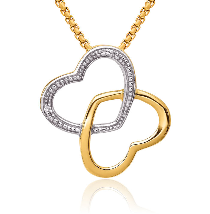 14K Solid Yellow Gold Diamond Double Heart Floating Chain Slide Pendant Necklace Charm