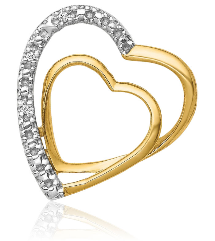 14K Solid Yellow Gold Diamond Double Heart Floating Chain Slide Pendant Necklace Charm