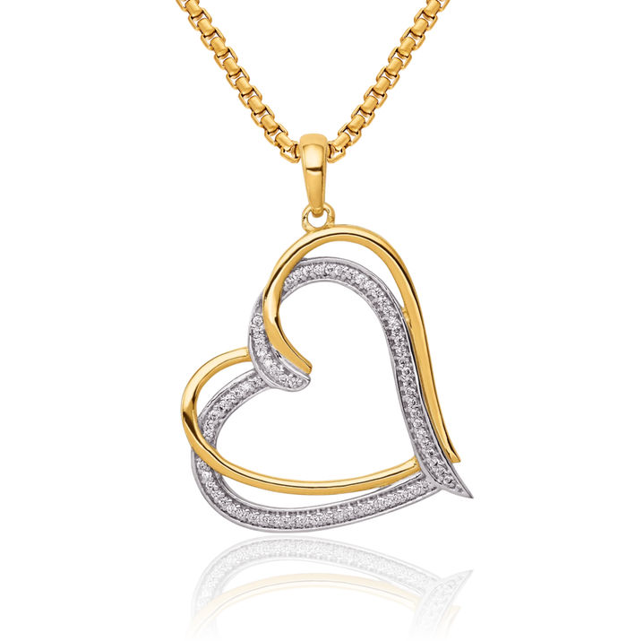 14K Solid Yellow Gold Diamond Double Heart Necklace Love Pendant Charm