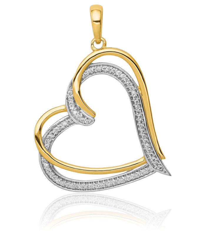 14K Solid Yellow Gold Diamond Double Heart Necklace Love Pendant Charm