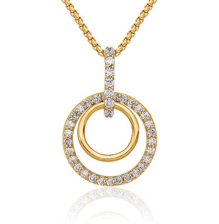 14K Solid Yellow Gold Diamond Double Circle Round Dangling Necklace Chain Pendant Charm