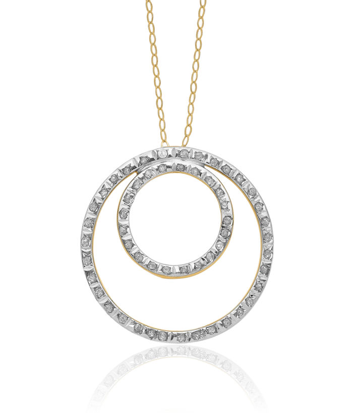 14K Solid Yellow Gold Diamond Double Circle Round Geometric Chain Necklace