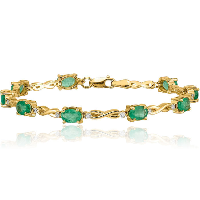 14K Solid Yellow Gold Diamond Green Emerald Chain Tennis Charm Bracelet