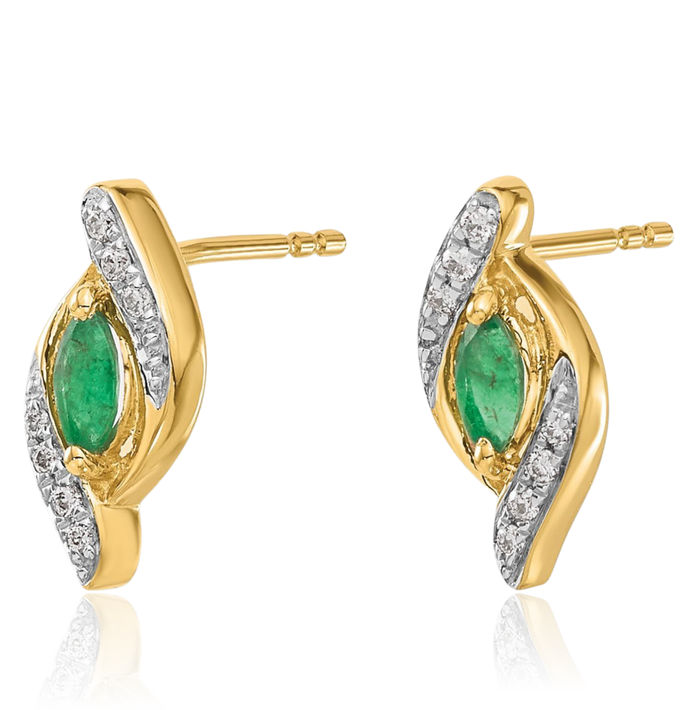 14K Solid Yellow Gold Diamond Green Emerald Drop Dangle Earrings Gemstone Post Push Back