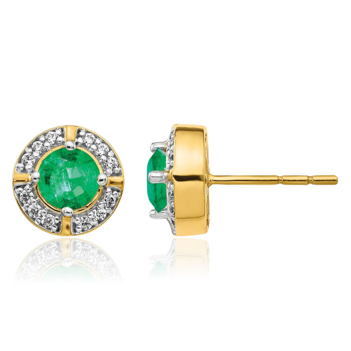 14K Solid Yellow Gold Diamond Green Emerald Halo Round Stud Earrings Gemstone Post Push Back May Birthstone Jewelry