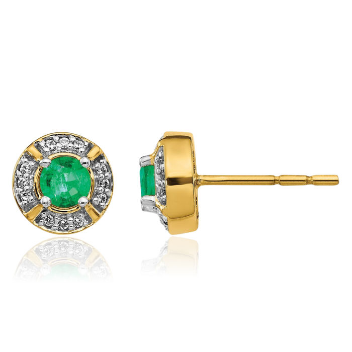 14K Solid Yellow Gold Diamond Green Emerald Halo Round Stud Earrings Gemstone Post Push Back May Birthstone Jewelry