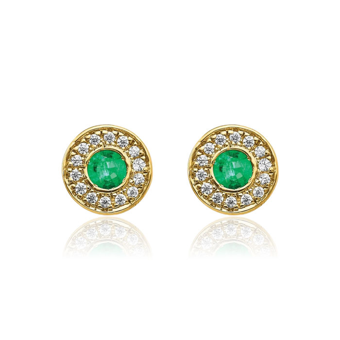 14K Solid Yellow Gold Diamond Green Emerald Halo Round Studs Gemstone Earrings May Birthstone Jewelry