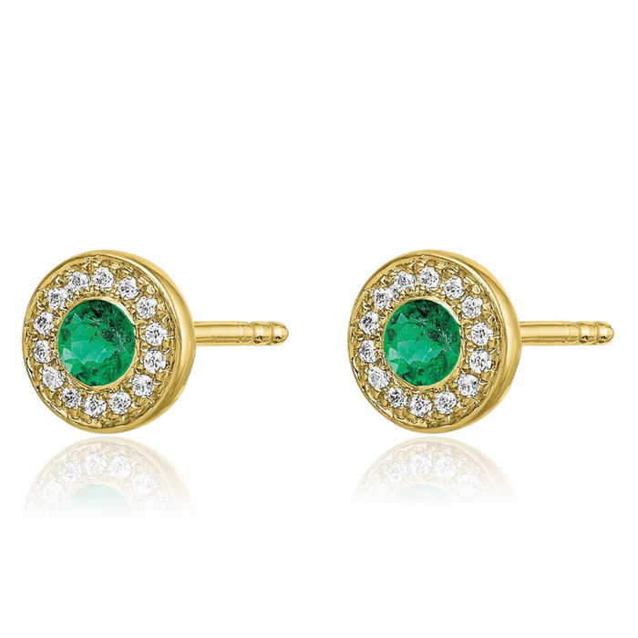 14K Solid Yellow Gold Diamond Green Emerald Halo Round Studs Gemstone Earrings May Birthstone Jewelry