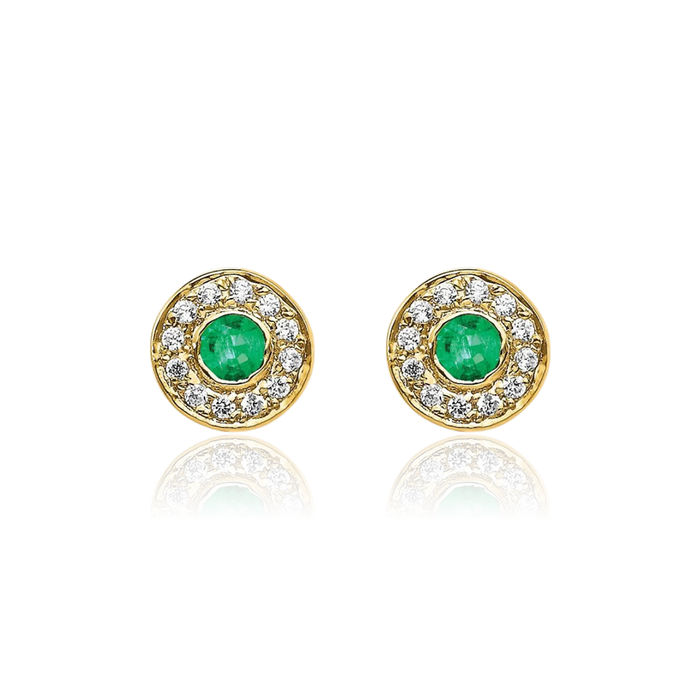 14K Solid Yellow Gold Diamond Green Emerald Halo Round Studs Gemstone Earrings May Birthstone Jewelry