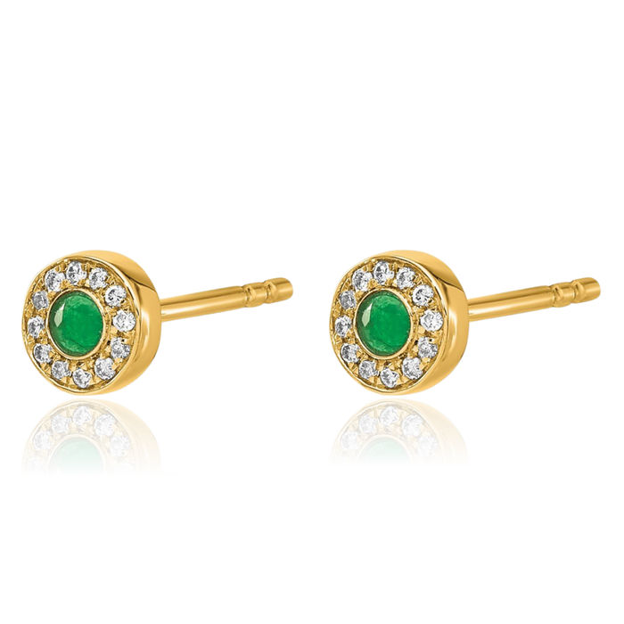 14K Solid Yellow Gold Diamond Green Emerald Halo Round Studs Gemstone Earrings May Birthstone Jewelry