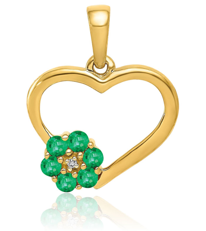 14K Solid Yellow Gold Diamond Green Emerald Heart Flower Necklace Gemstone Pendant Charm