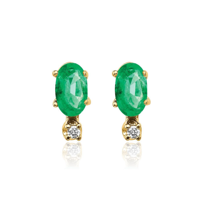 14K Solid Yellow Gold Diamond Green Emerald Stud Earrings April May Birthstone Jewelry