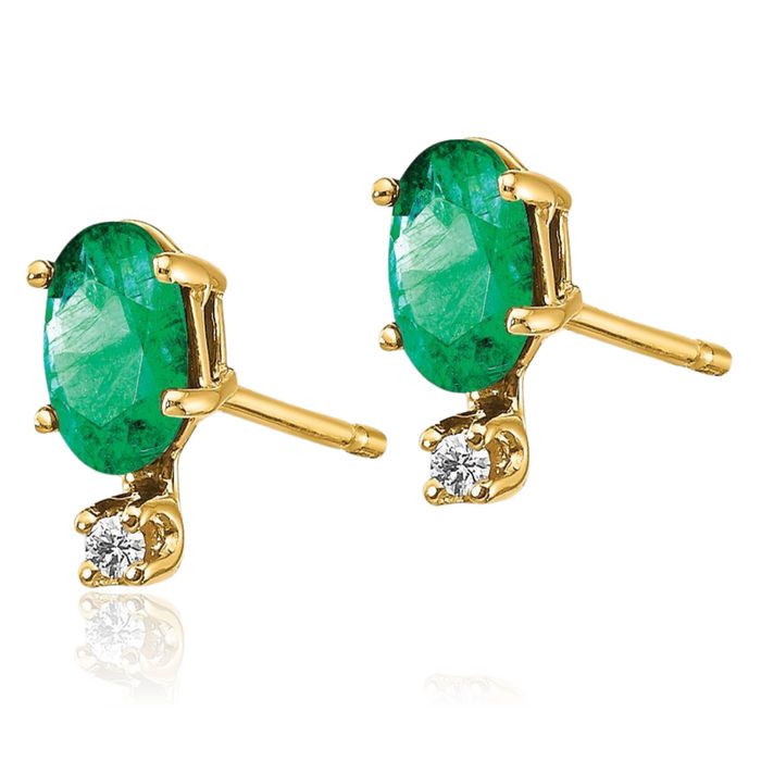 14K Solid Yellow Gold Diamond Green Emerald Stud Earrings April May Birthstone Jewelry