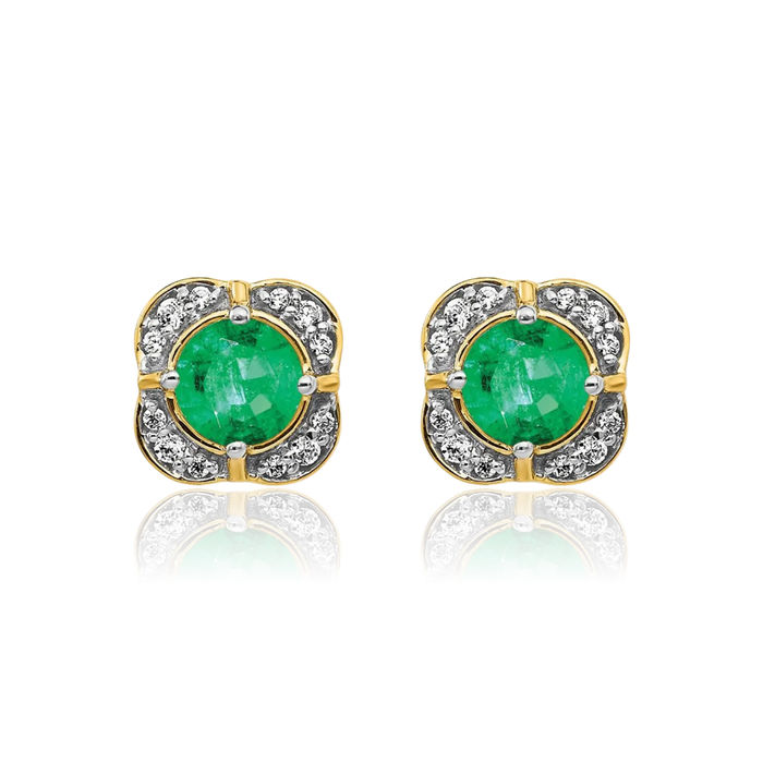 14K Solid Yellow Gold Diamond Green Emerald Stud Earrings Gemstone Post Push Back May Birthstone Jewelry