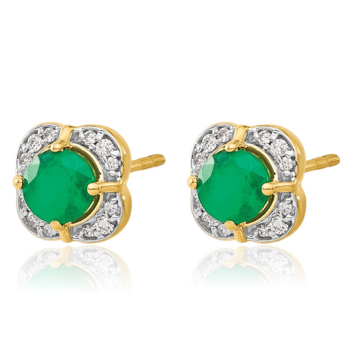 14K Solid Yellow Gold Diamond Green Emerald Stud Earrings Gemstone Post Push Back May Birthstone Jewelry