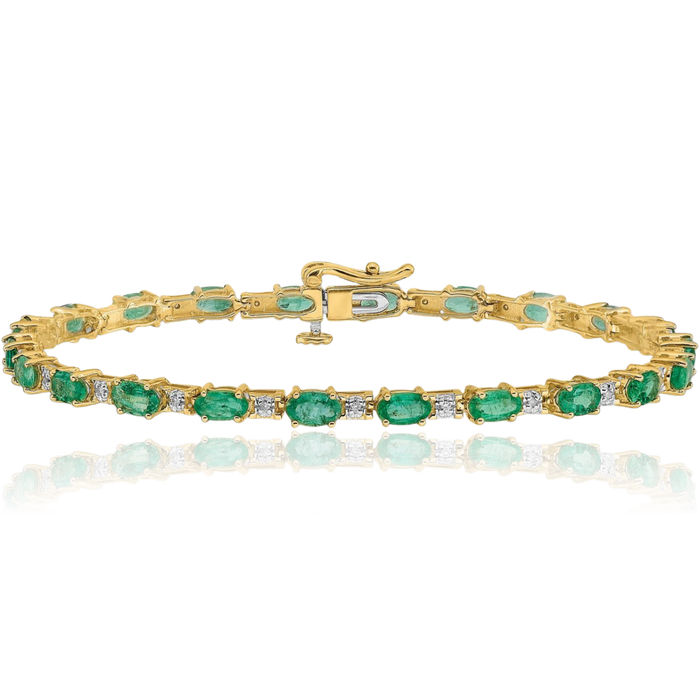 14K Solid Yellow Gold Diamond Green Emerald Chain Gemstone Tennis Bracelet