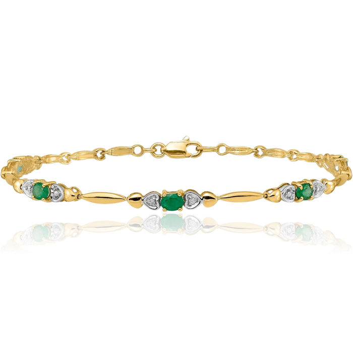 14K Solid Yellow Gold Diamond Green Emerald Chain Gemstone Tennis Bracelet