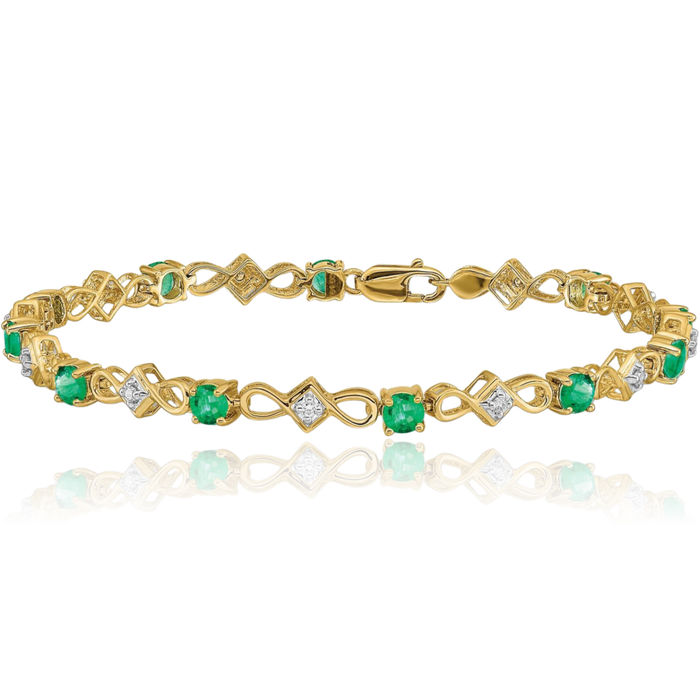 14K Solid Yellow Gold Diamond Green Emerald Chain Gemstone Tennis Bracelet