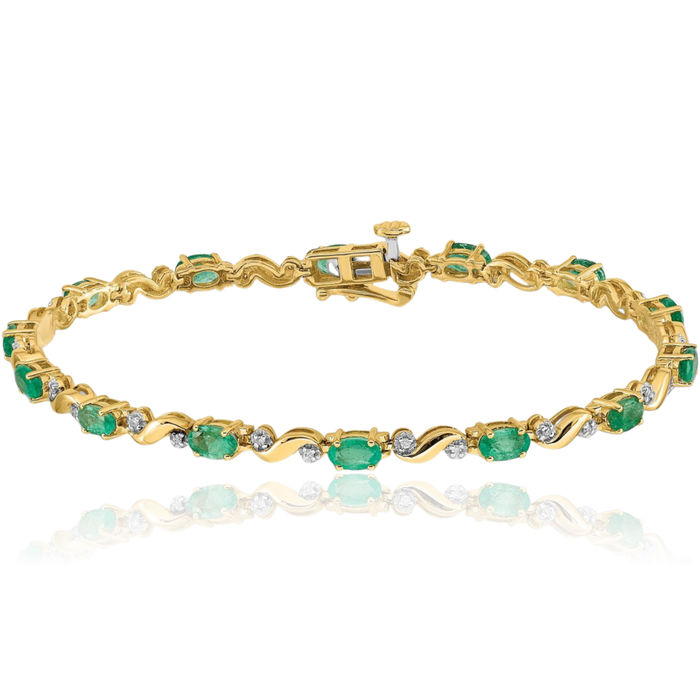 14K Solid Yellow Gold Diamond Green Emerald Chain Gemstone Tennis Bracelet