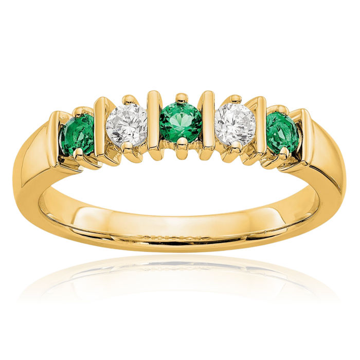 14K Solid Yellow Gold Diamond Green Emerald Wedding Band Ring Gemstone