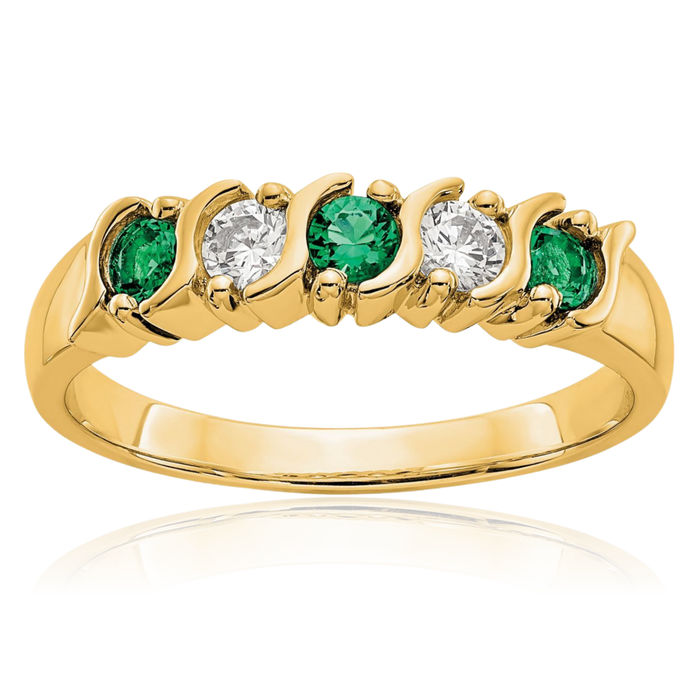 14K Solid Yellow Gold Diamond Green Emerald Wedding Band Ring Gemstone