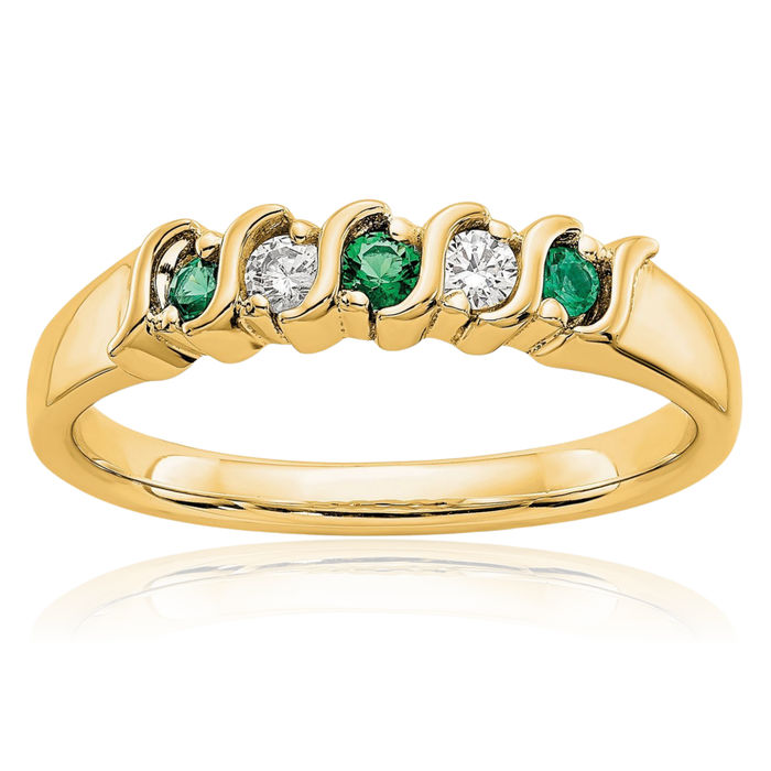 14K Solid Yellow Gold Diamond Green Emerald Wedding Band Ring Gemstone