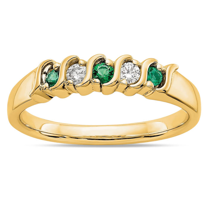 14K Solid Yellow Gold Diamond Green Emerald Wedding Band Ring Gemstone