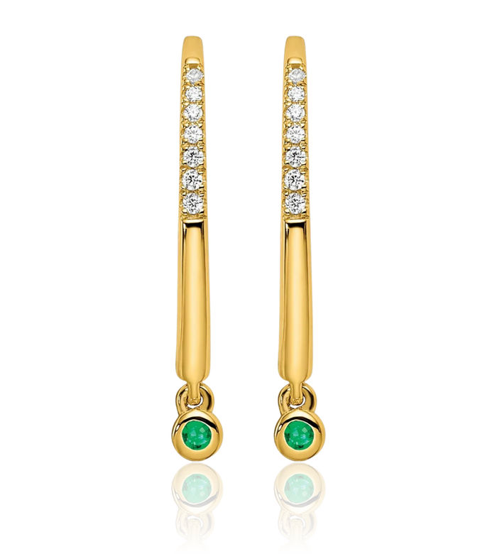 14K Solid Yellow Gold Diamond Green Emerald Wire Drop Dangle Earrings Gemstone Threader